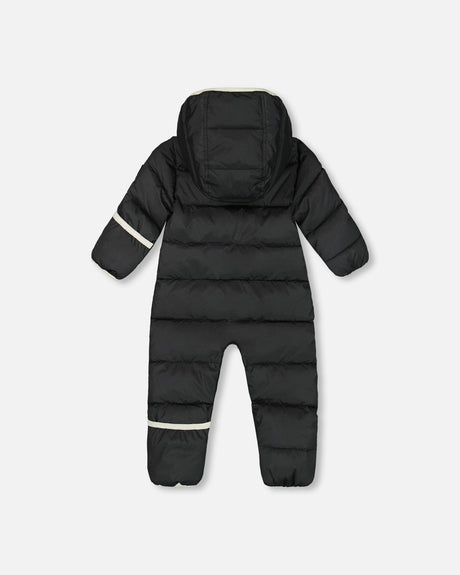 Side and back view of the Deux par Deux car seat compatible baby snowsuit black print