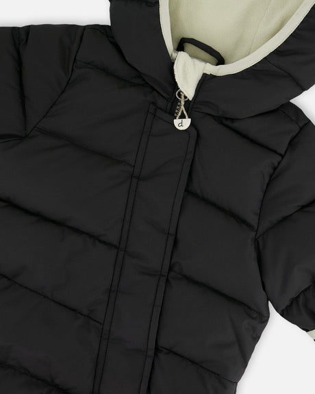 Close-up detail of zipper and fleece lining on the Deux par Deux Baby Play Snowsuit