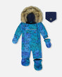 Flat lay front view of the Deux par Deux Baby Snowsuit in blue dinosaur print