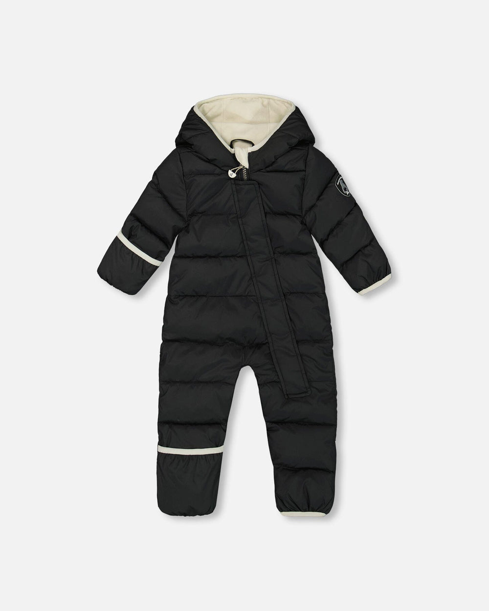 Flat lay front view of the Deux par Deux Baby Play Snowsuit navy animal print