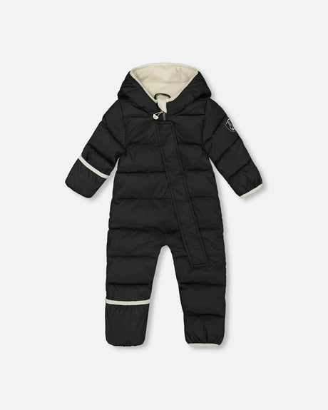 Flat lay front view of the Deux par Deux Baby Play Snowsuit navy animal print