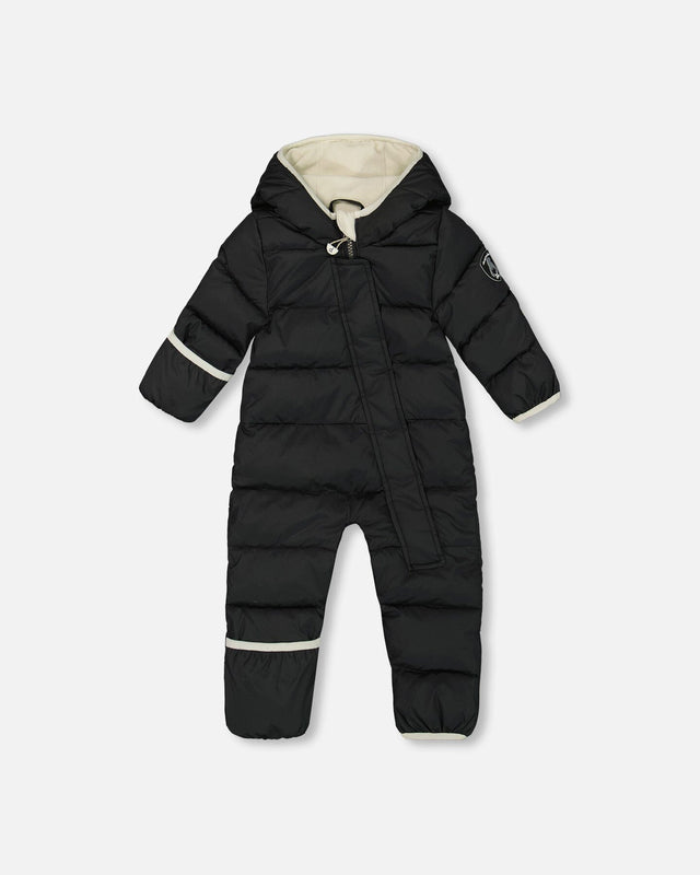 Flat lay front view of the Deux par Deux Baby Play Snowsuit navy animal print