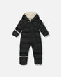 Flat lay front view of the Deux par Deux Baby Play Snowsuit navy animal print