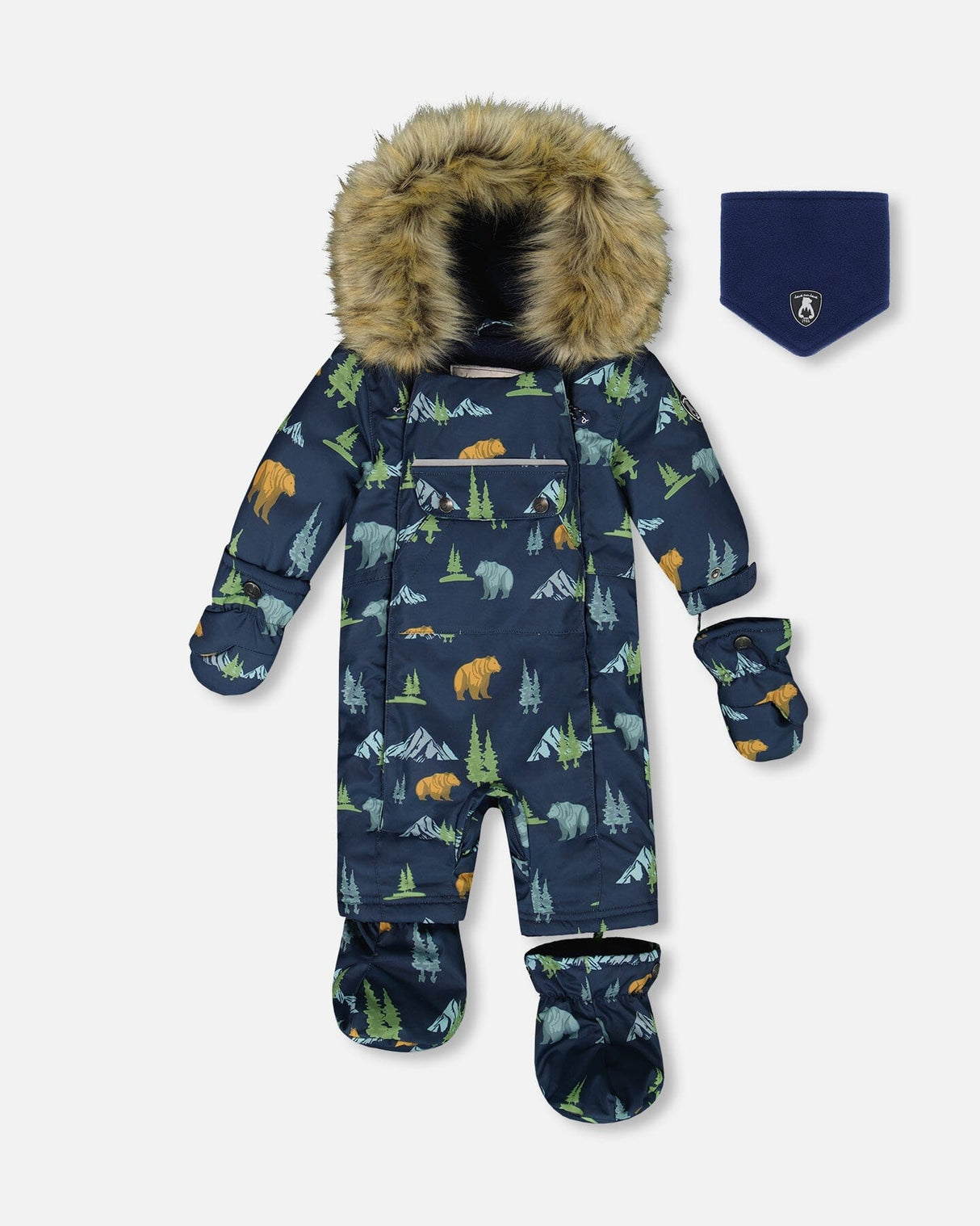 Flat lay front view of the Deux par Deux Baby Play Snowsuit navy animal print