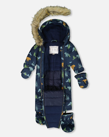 Side and back view of the Deux par Deux car seat compatible baby snowsuit navy print