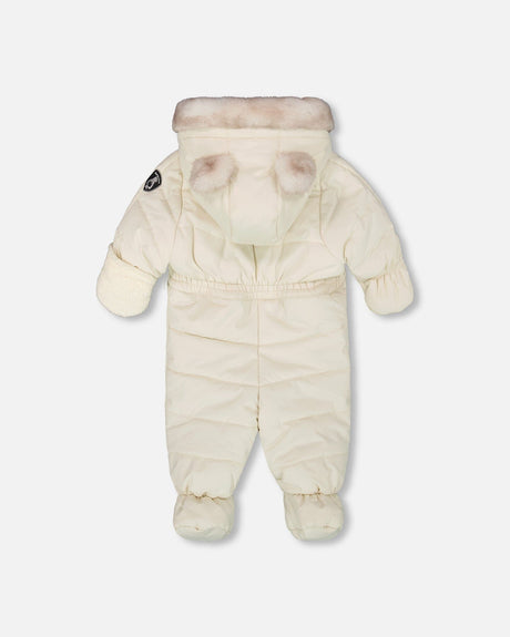 Back view of the White Asparagus Layette snowsuit showing quilting and fit.