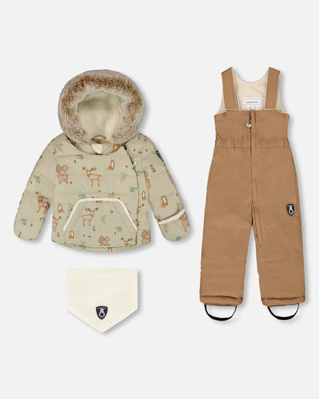 Flat lay front view of the Deux par Deux Baby Snug two-piece snowsuit in Chanterelle with hood and bib pants