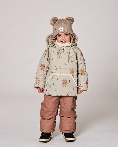 Close-up of the sherpa-lined hood, wind flap, and chin guard on the Chanterelle snowsuit
