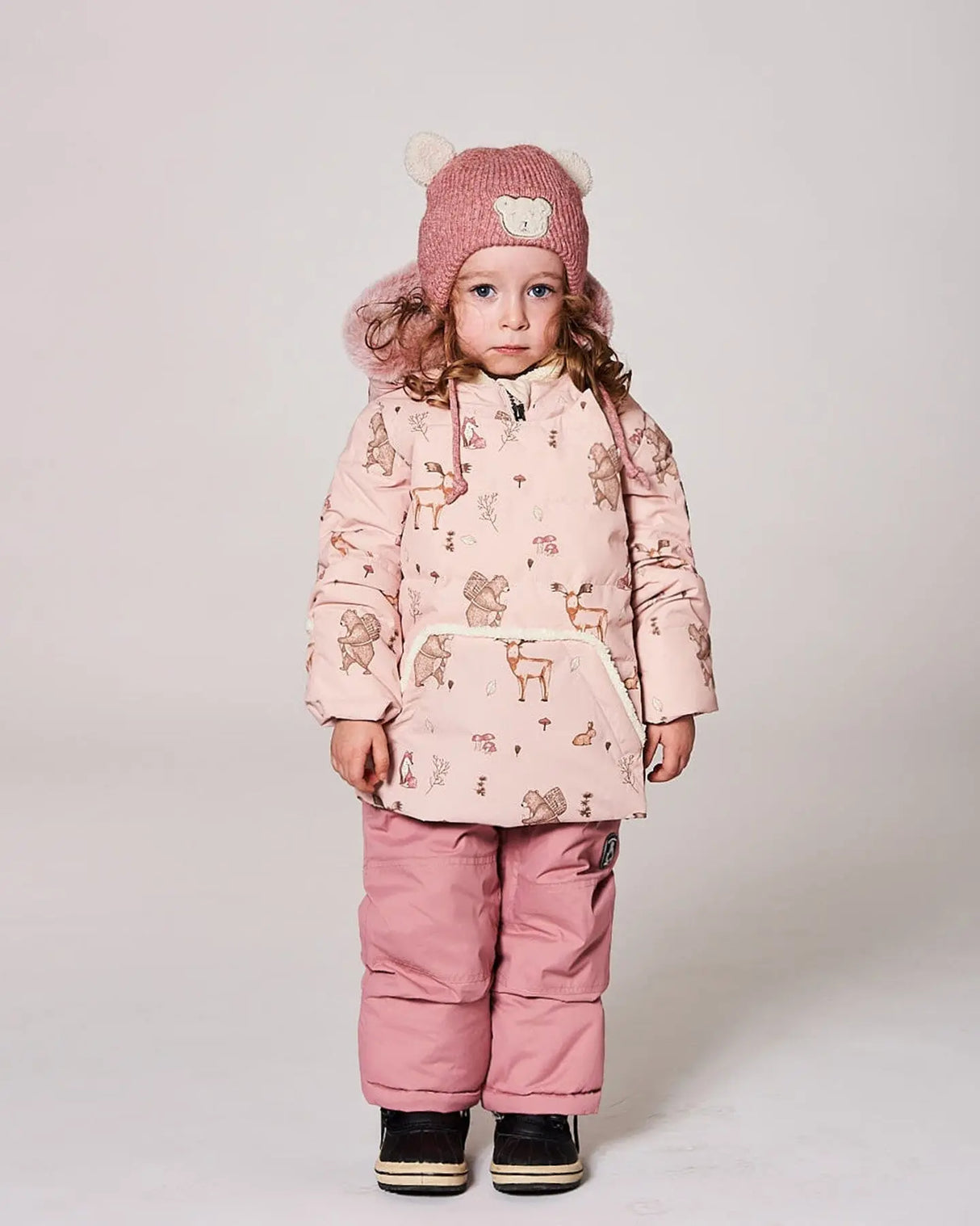Baby girl winter snowsuit dusty pink – jacket & pants front view