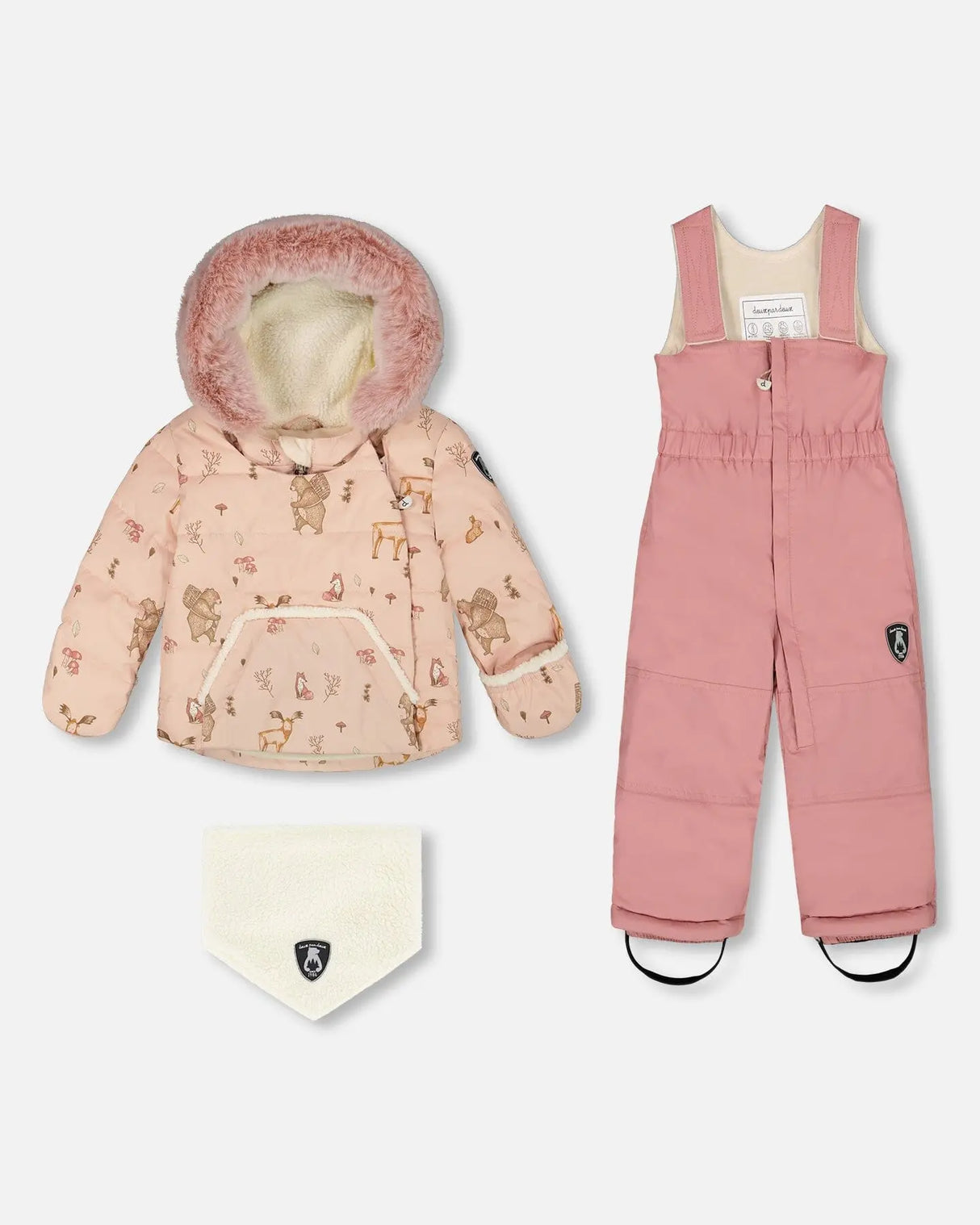 Deux par Deux dusty pink Baby Snug snowsuit set with hood and bib pants