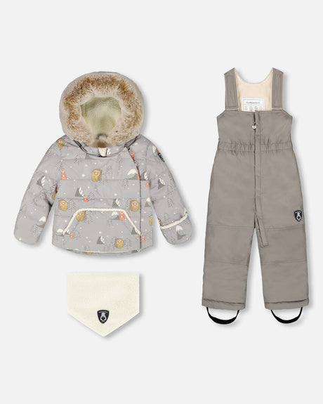 Flat lay front view of the gray Deux par Deux Baby Snug snowsuit with hood and bib pants.