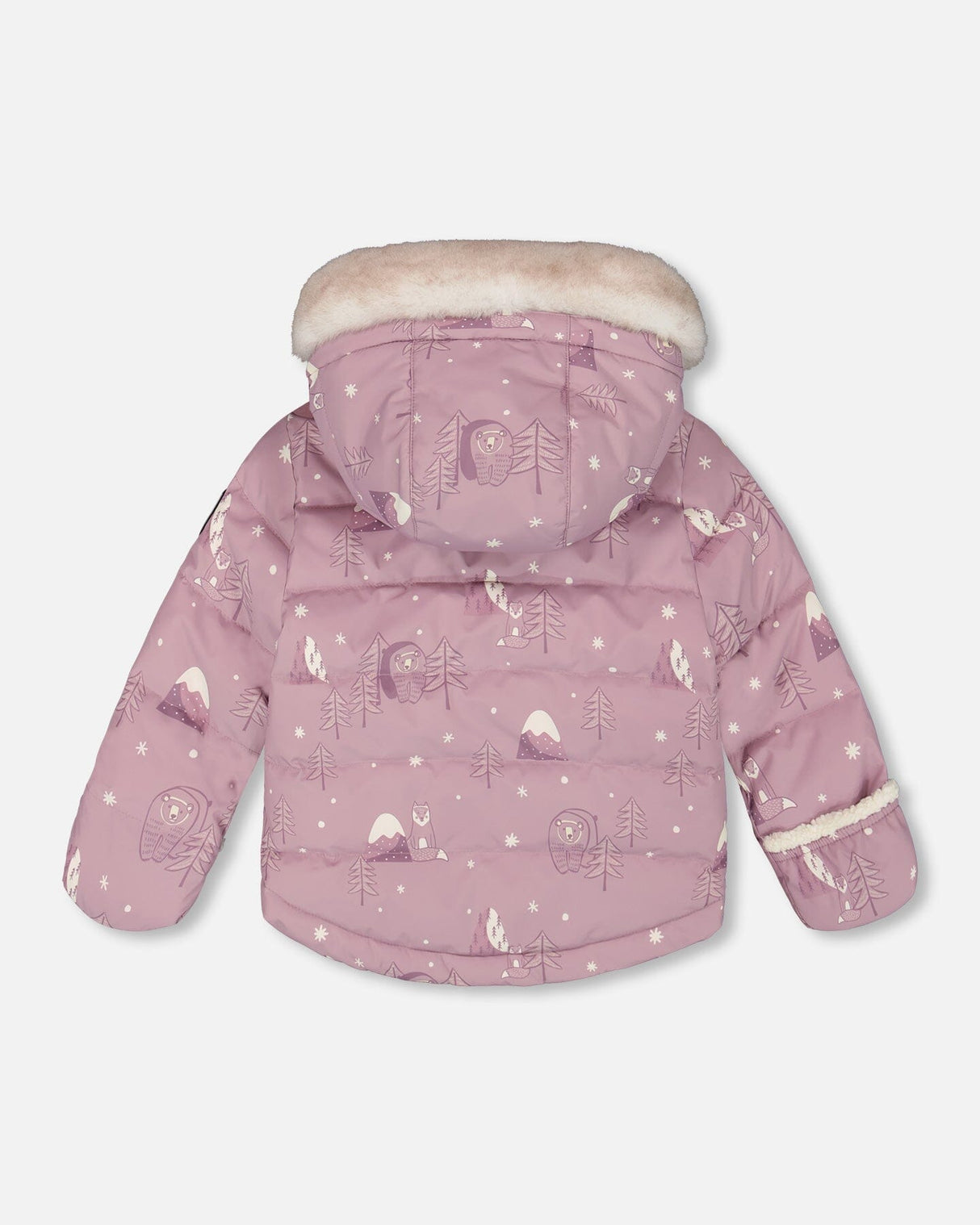 Hood with sherpa lining on Deux par Deux Baby Snug Snowsuit purple print