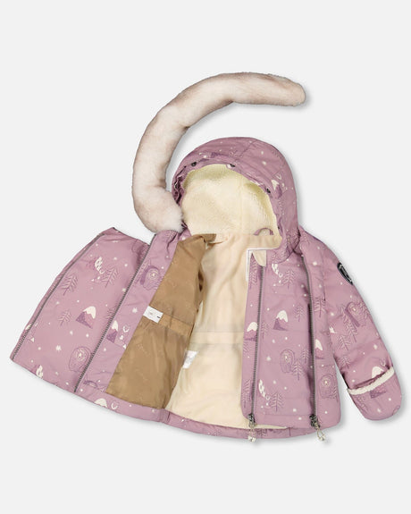 Jacket and bib pants set of Deux par Deux Baby Snug Snowsuit purple bear