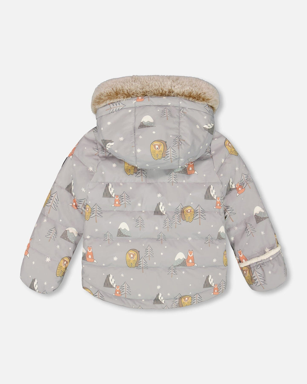 Back view of the gray Baby Snug snowsuit set laid flat