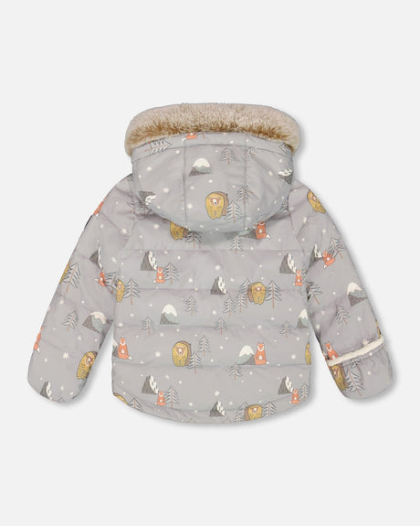Back view of the gray Baby Snug snowsuit set laid flat