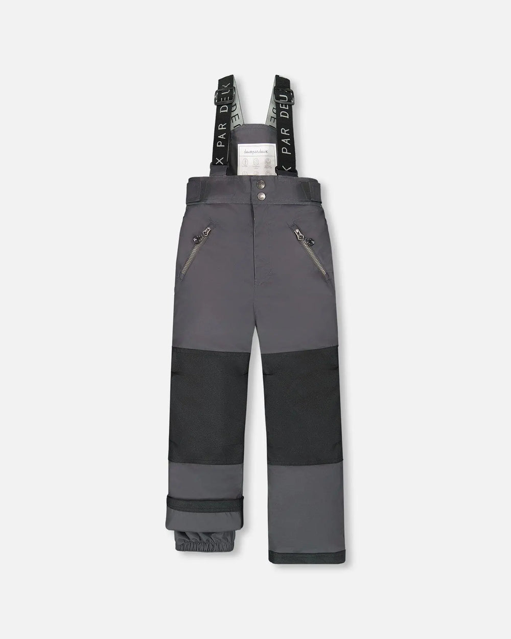 Flat lay of Deux Par Deux kids snow pants dark gray with suspenders