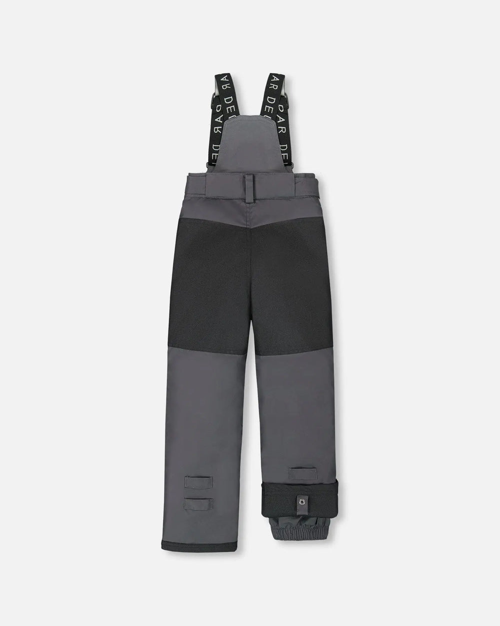 Rear view of dark gray kids snow pants with suspenders