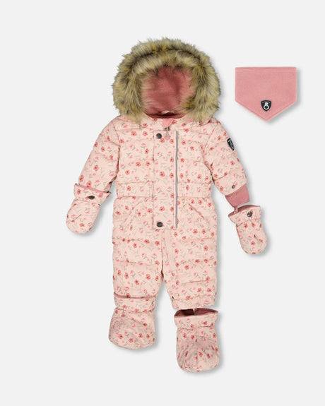 Deux Par Deux One-Piece Baby Original Puffy Snowsuit Pink Mini Flowers with mitts and boots