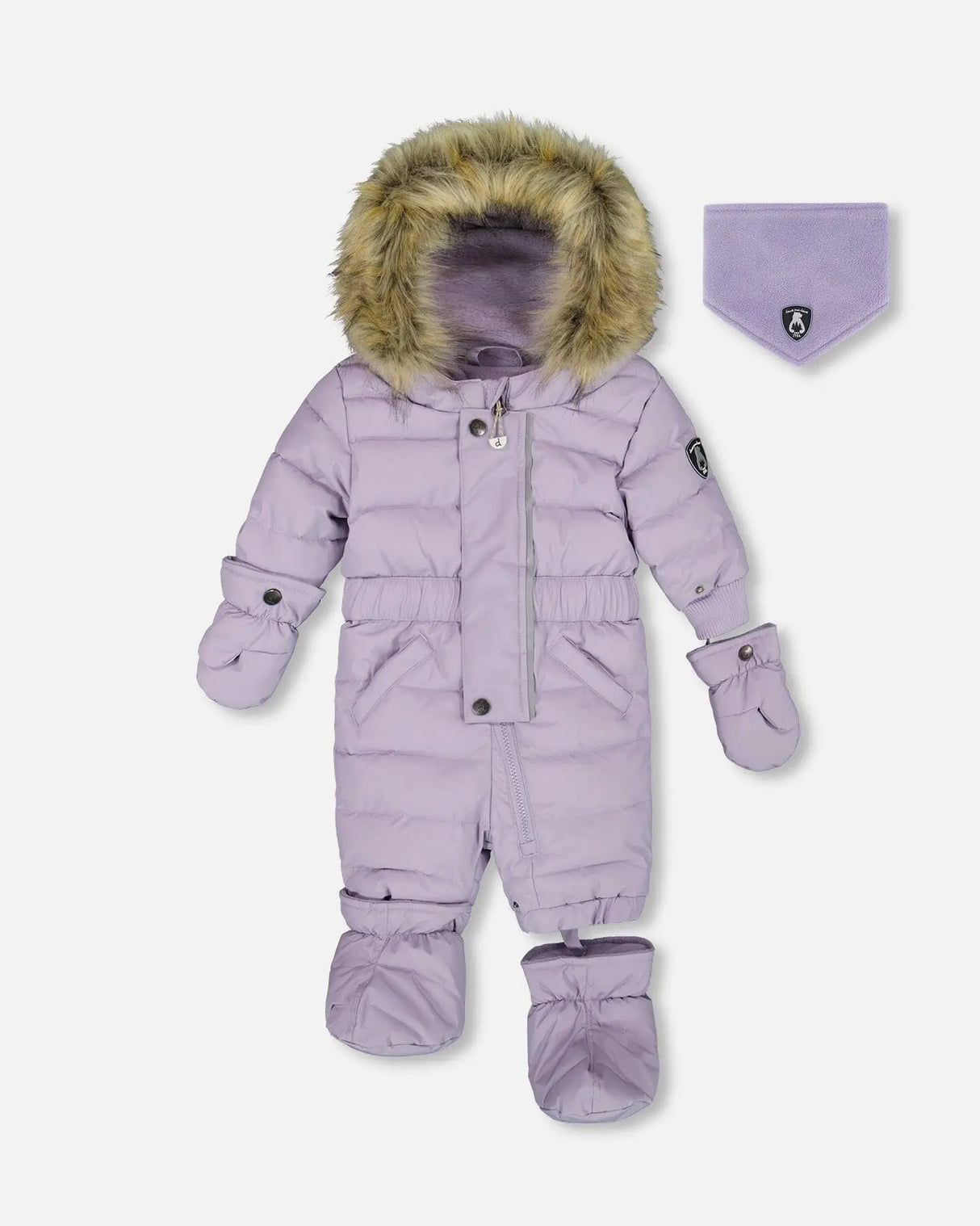 Deux Par Deux one-piece baby puffy snowsuit purple gray with mitts, boots and neckwarmer