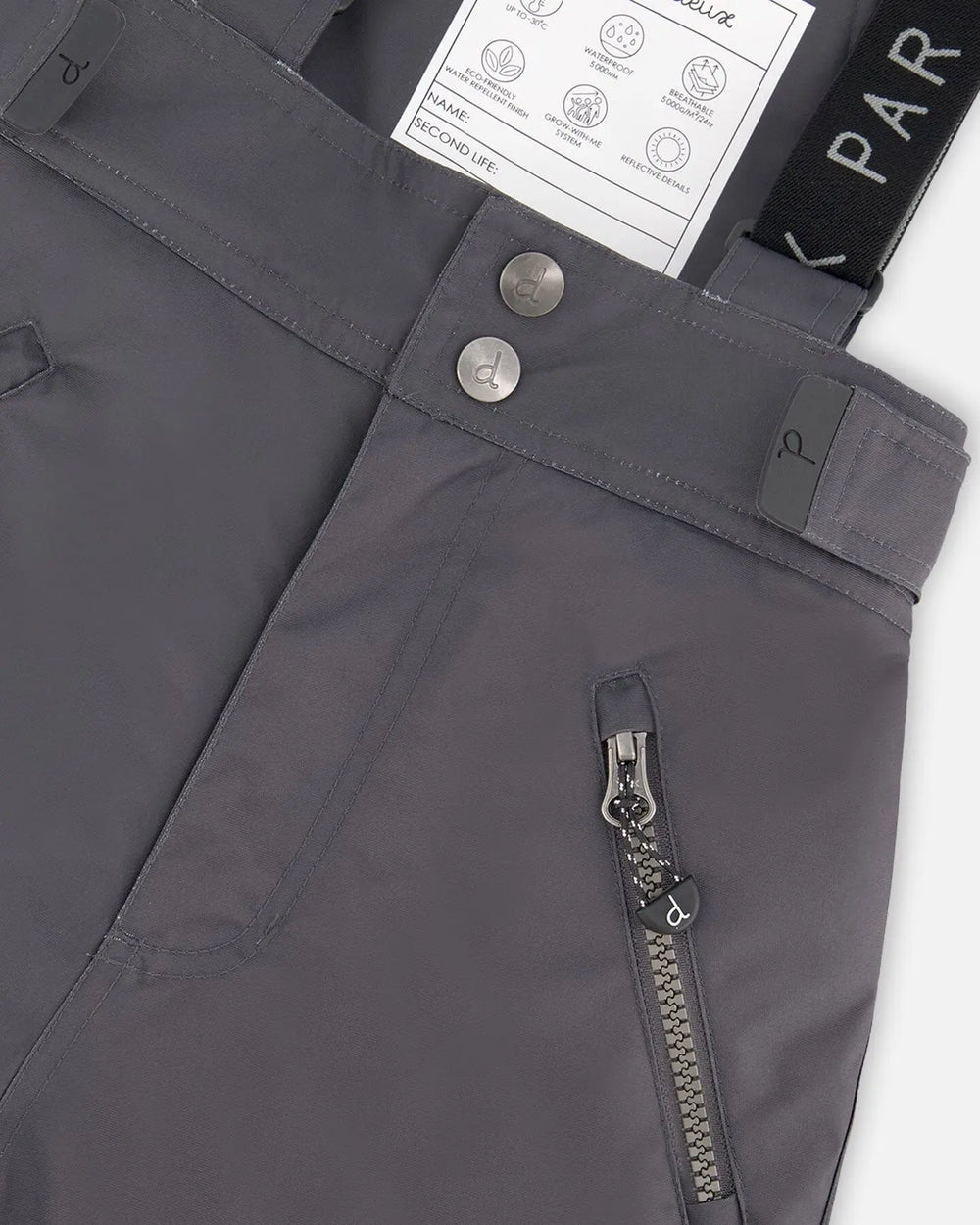Close-up Cordura reinforced knee and zipper on dark gray snow pants