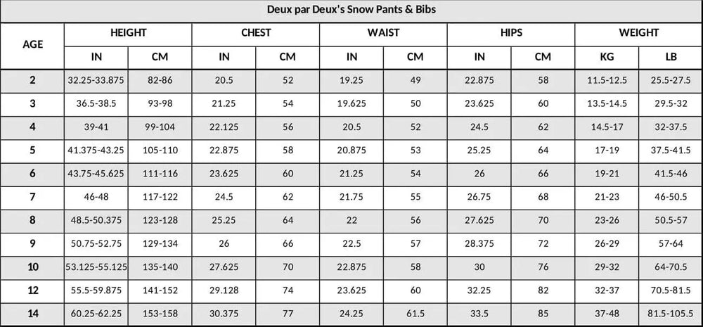 Deux Par Deux snow pants size chart dark gray