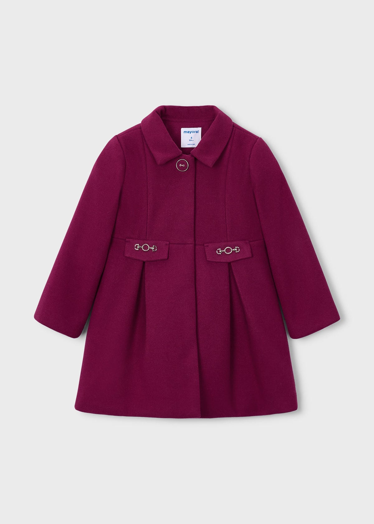 Raspberry collared coat with buckle-style waist tabs, Mayoral girls