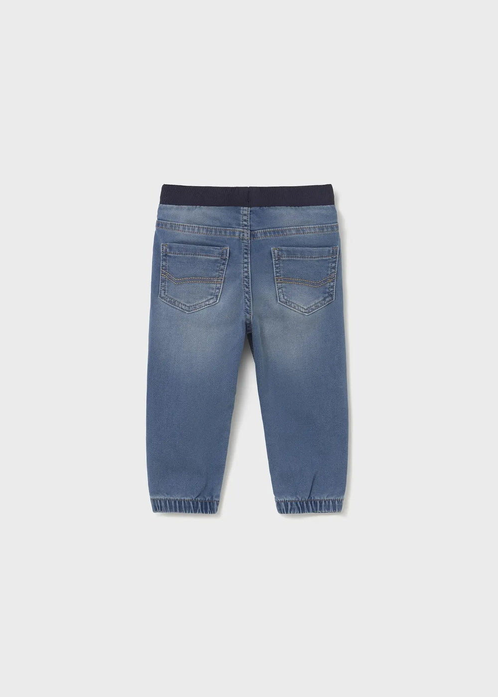 “Back view Mayoral baby denim jogger pants blue, cuffed hems and pockets