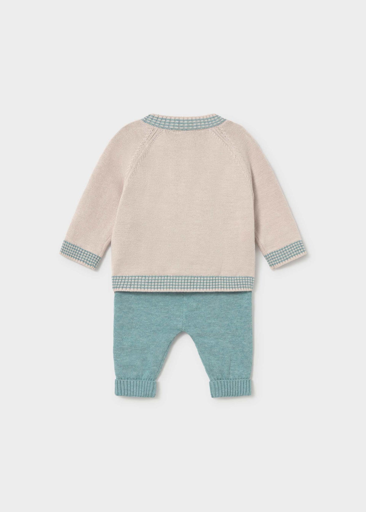 Back view of the Mayoral newborn beige knit sweater and mineral green pants set