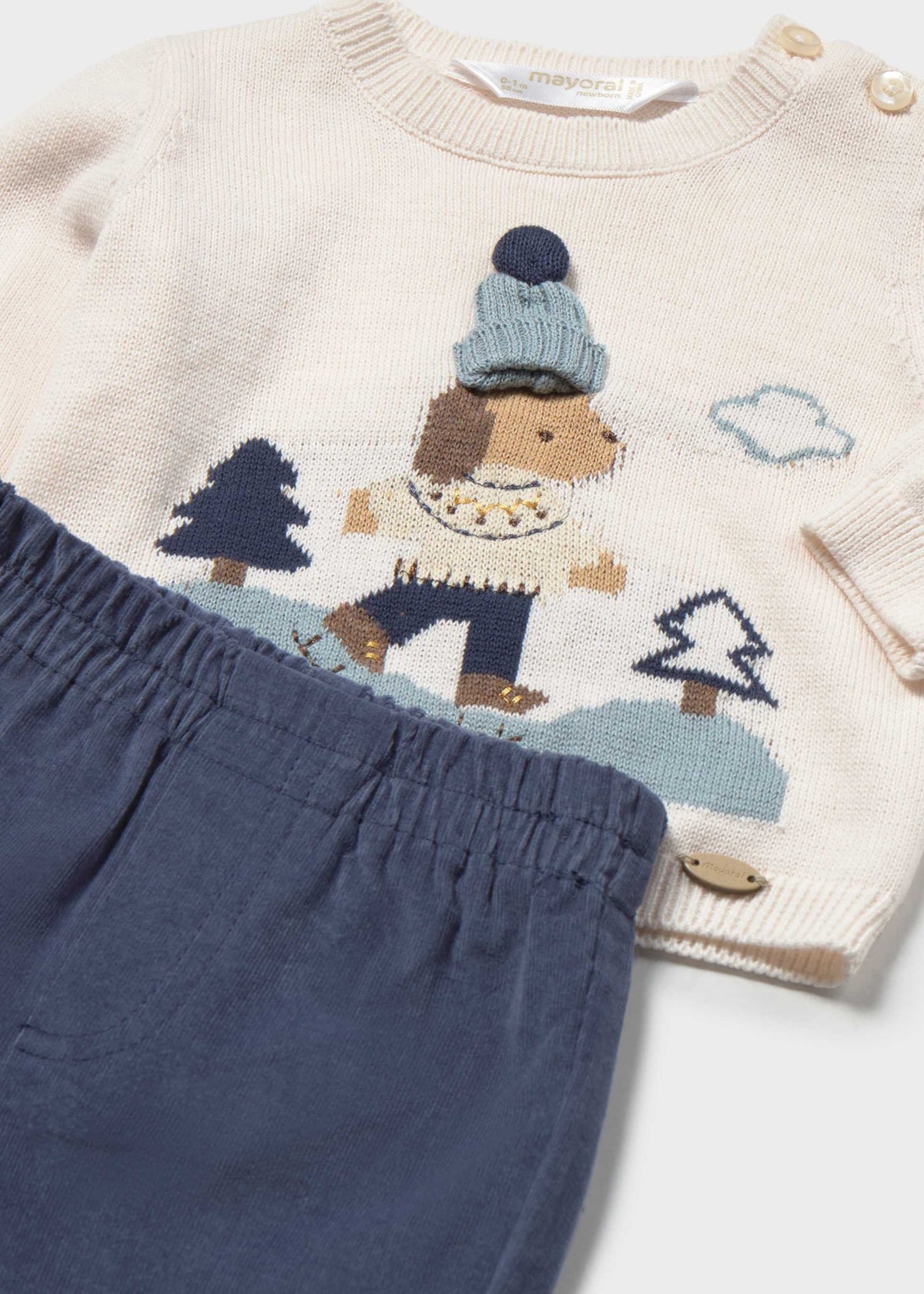 Mayoral newborn boy jacquard sweater and pants set in Indigo, sizes 2-18M – product view 3