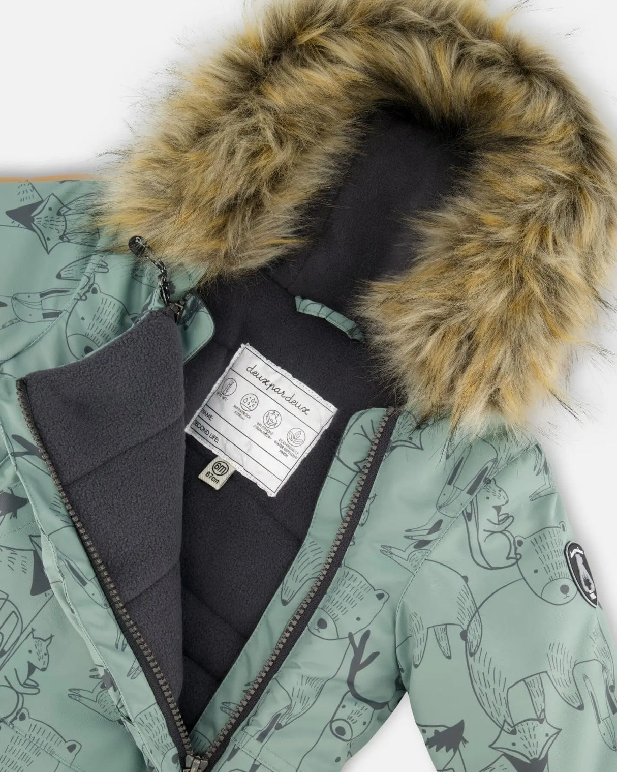 Close-up of fleece lining and zipper details – sage animal print snowsuit
