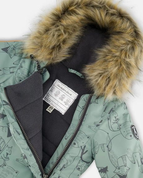Close-up of fleece lining and zipper details – sage animal print snowsuit