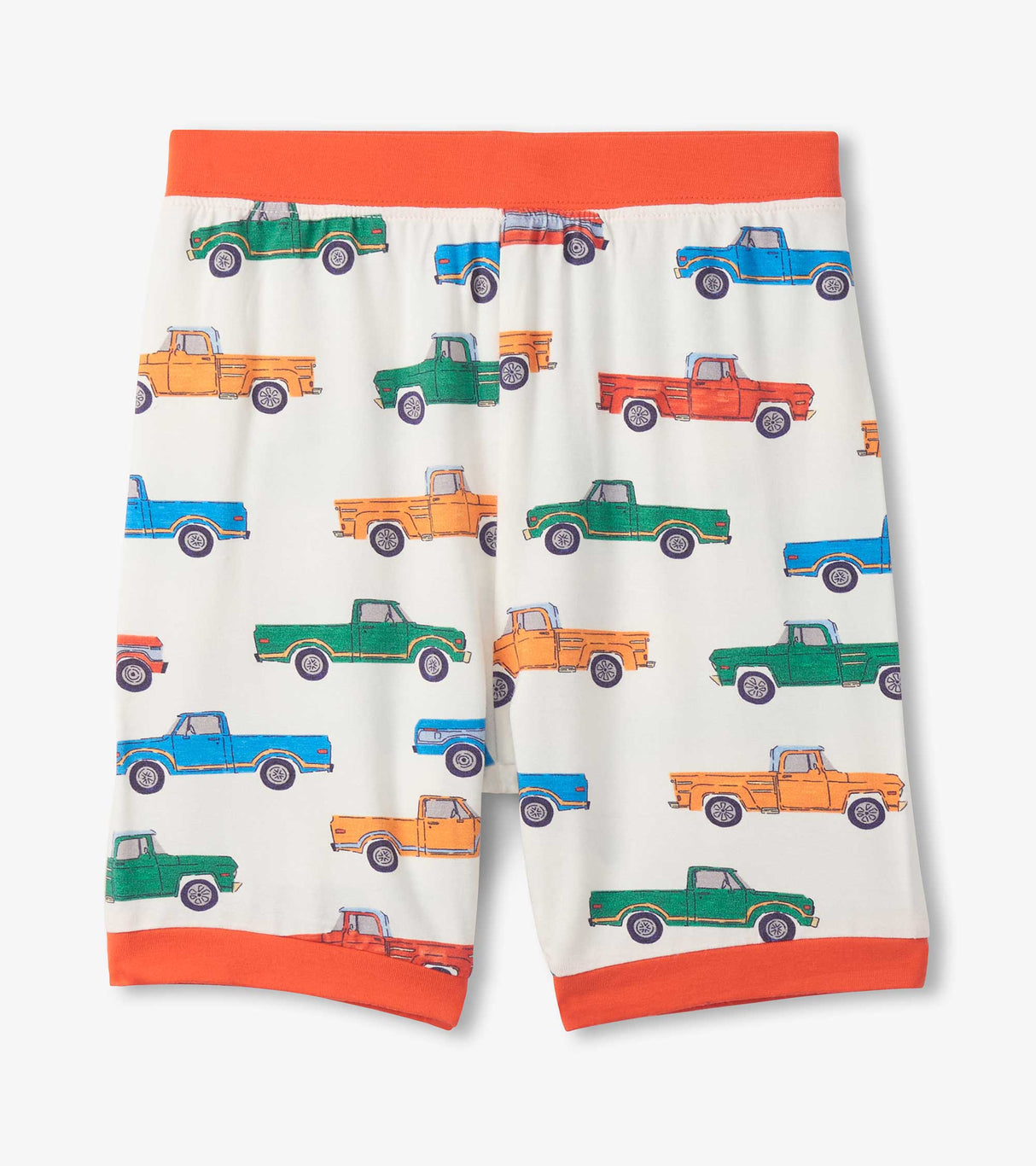 Matching boys pajama shorts in Cream with all-over trucks print and Orange waistband trim.