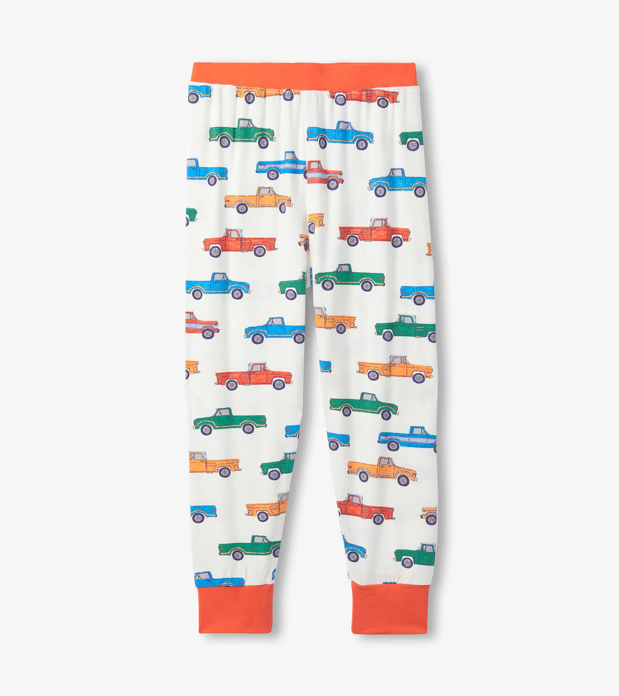 Matching boys pajama pants with all-over trucks print, orange waistband, and ankle cuffs.