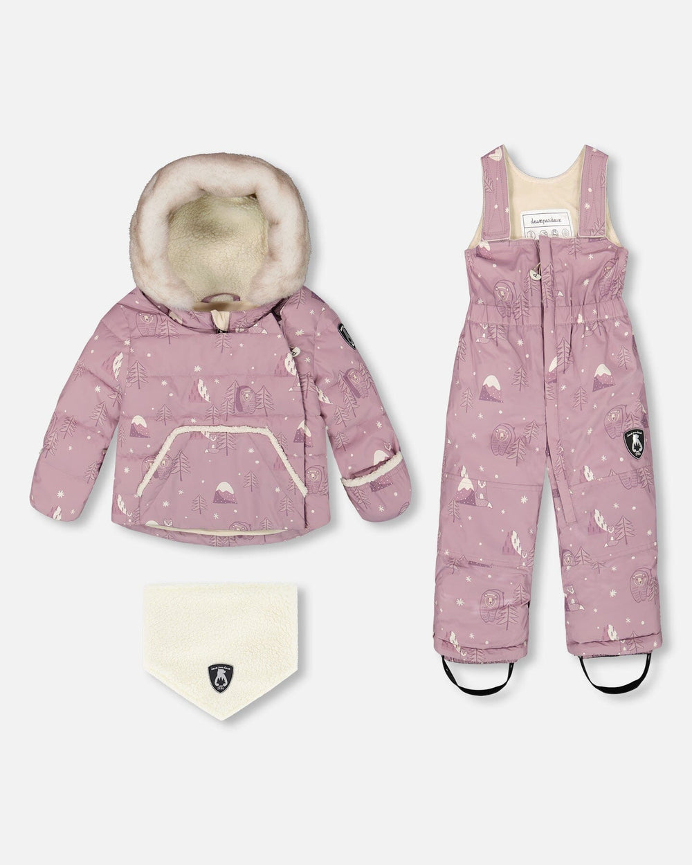 Front flat lay of Deux par Deux Baby Snug Snowsuit purple bear print