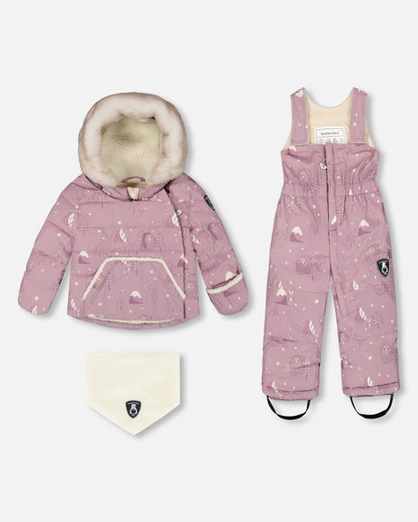 Front flat lay of Deux par Deux Baby Snug Snowsuit purple bear print