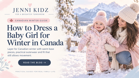 Mother with a baby girl in a pink snowsuit outdoors in the snow, illustrating winter dressing in Canada.