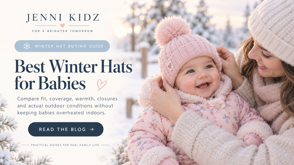 Mother adjusting a pink knit winter hat on a smiling baby outdoors in the snow.