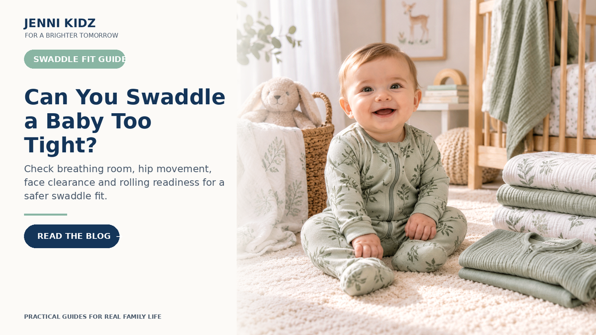 Baby swaddle fit guide covering breathing room hip movement and safe sleep readiness
