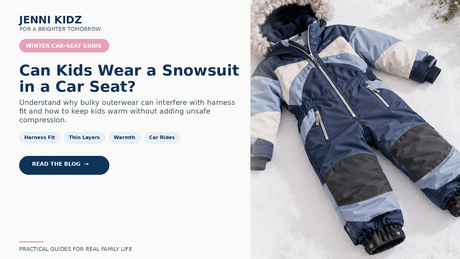 Winter car seat guide showing snowsuit outerwear and safe harness-fit considerations