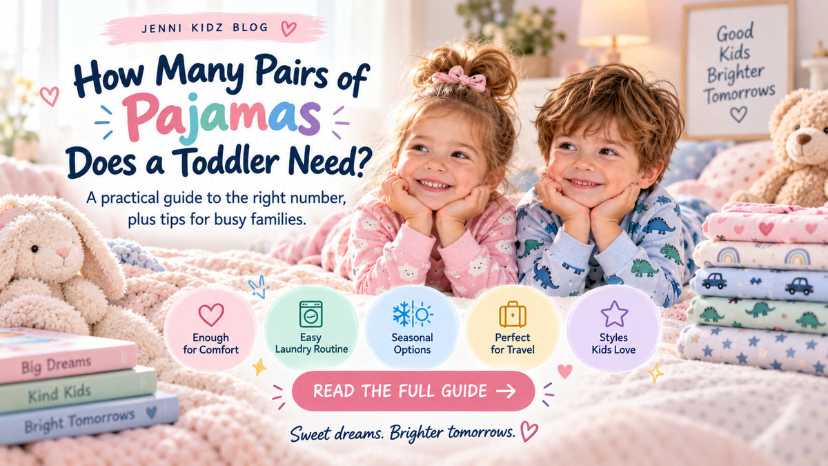 Two toddlers in patterned pajamas beside folded sleepwear, with a guide to how many pairs a toddler needs.