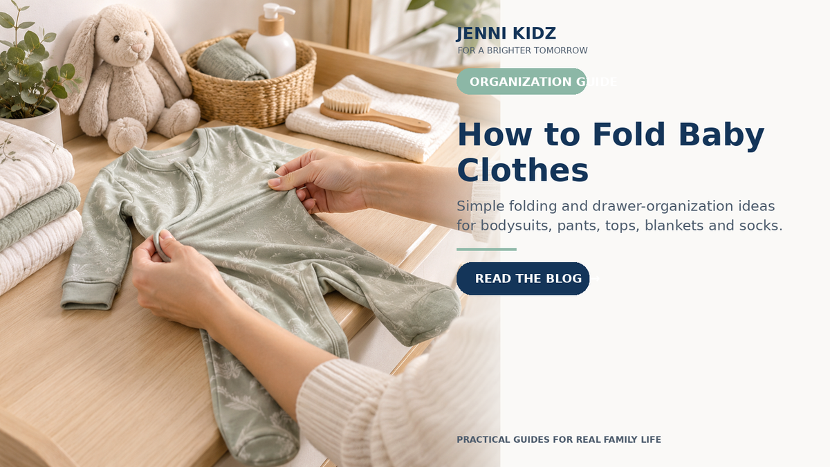 Baby clothes folding and drawer organization guide with neatly folded garments