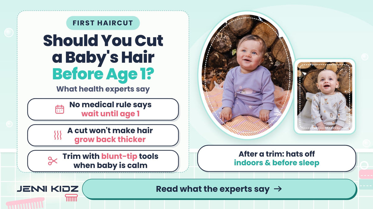 Baby's first haircut – bath-tile banner with two smiling babies in Deux par Deux Pants And Top Set Violet and Beige Animal Print