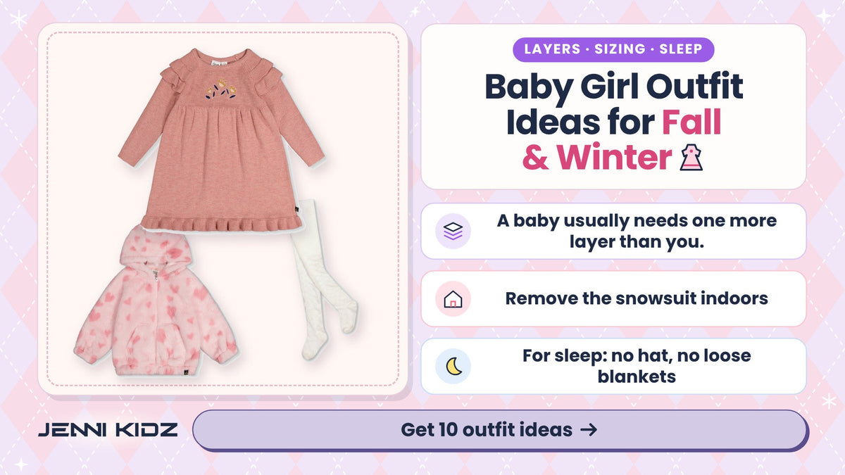 Baby girl outfit ideas for fall and winter – Deux par Deux pink knitted dress, off-white tights and pink hearts faux fur jacket flat lay