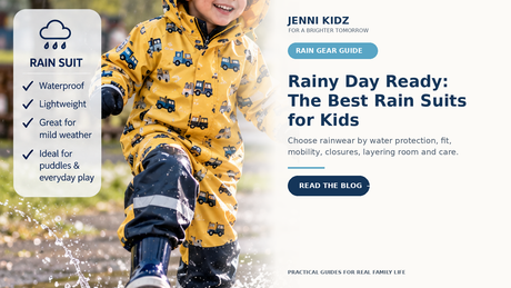 Child in a yellow rain suit for a guide to kids rainwear fit water protection and mobility