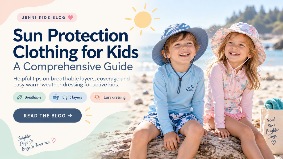 Two children in long-sleeved swimwear and wide-brim hats at the beach, beside a sun protection clothing guide.