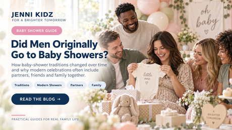 Men and women celebrating a baby shower as a woman holds up a baby bodysuit, with pastel decorations and gifts.