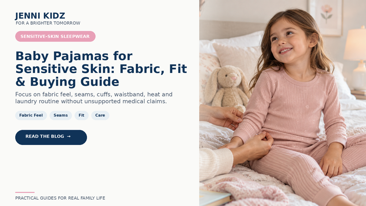 Baby pajamas guide for sensitive skin focused on fabric feel seams fit and care
