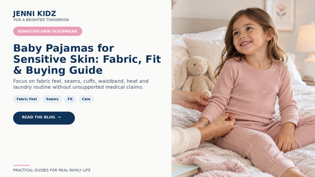 Baby pajamas guide for sensitive skin focused on fabric feel seams fit and care
