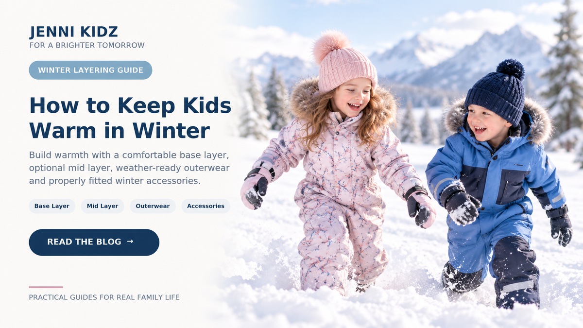 Kids winter layering guide with base layer, mid layer, outerwear and accessories