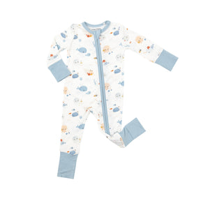 Angel Dear Cute Ocean white zipper romper with pale blue cuffs and sea creature print